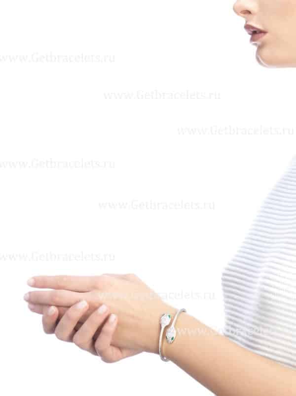 Serpenti 18K White Gold Bracelet set with Emerald Eyes and Pave Diamonds