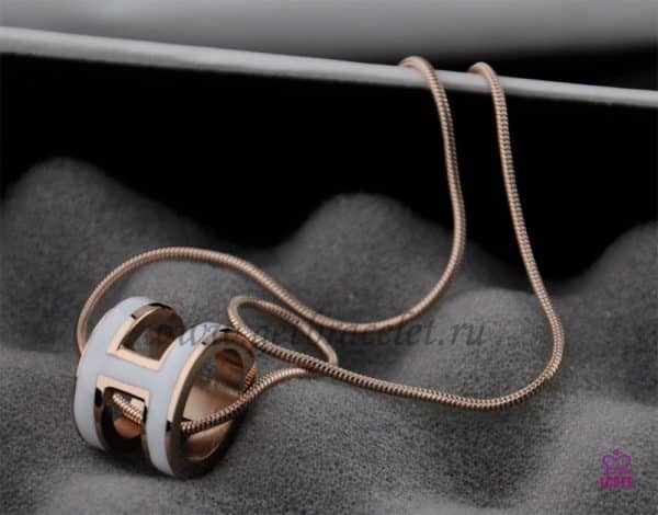 Hermes 3D Pop “H” logo Snake Bone White Necklace in Pink Gold