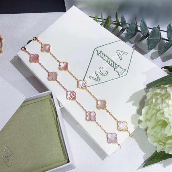 Premium replica Van Cleef Arpels Vintage Alhambra Bracelet 5 Motifs Rose Gold With Pink Mother-of-Pearl Spring