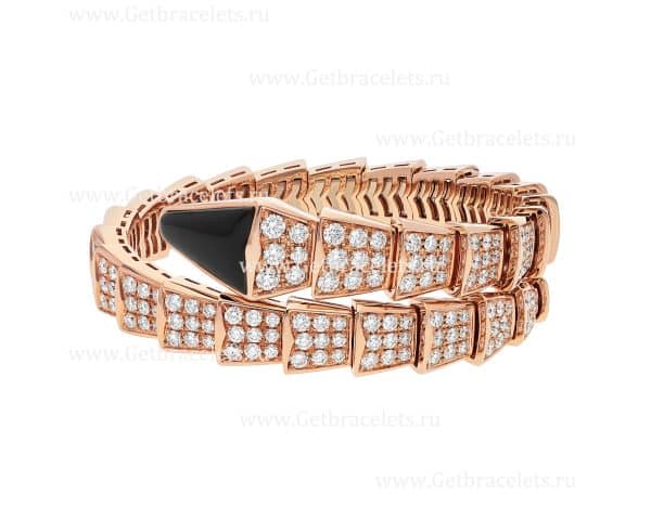 Serpenti Viper One-Coil Bracelet in 18K Rose Gold set with Full Pave Diamonds and an Onyx Element on the Head