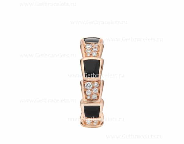 Medium Serpenti Viper 18k Rose Gold Ring with Onyx Elements and Pave Diamonds