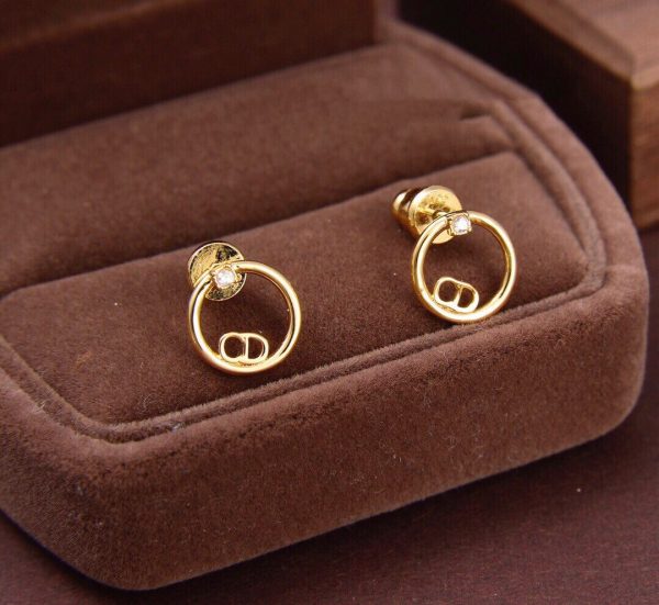 Women’s Simple Style Christian Dior CD Logo Motif Single Crystal Yellow Gold Plated Circle Stud Earrings Fashion Jewellery