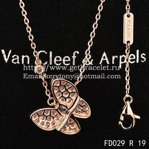 Van Cleef Arpels Two Butterfly Necklace Pink Gold Stone Combination With Pave Diamonds