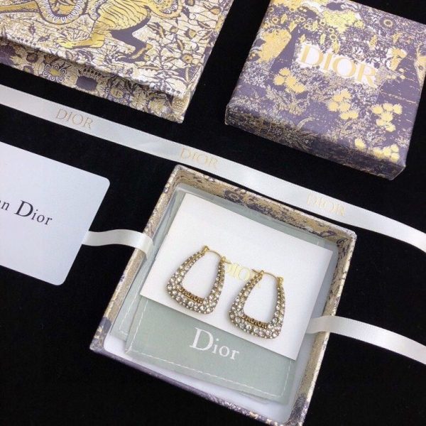 Dior Morden Style J’ADIOR Paved White Crystal Logo Detail Aged Gold Hoop Earrings E1440ADRCY_D908 Women Fashion Jewellery