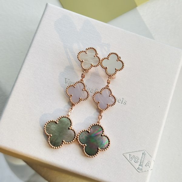Van Cleef & Arpels Magic Alhambra Earrings 3 Motifs Chalcedony and White and Gray Mother-of-pearl