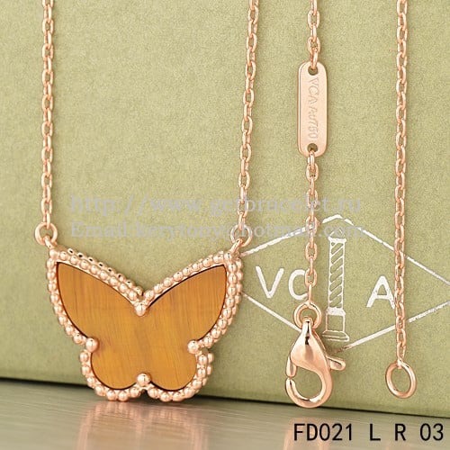 Van Cleef Arpels Lucky Alhambra Butterfly Pendant Pink Gold With Tiger’s Eye Mother Of Pearl