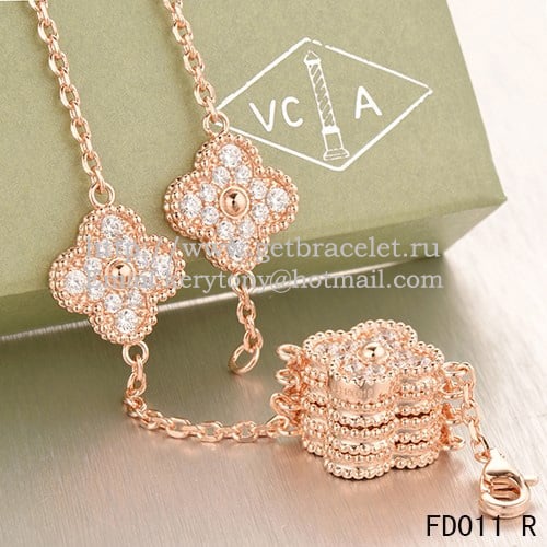 Van Cleef & Arpels Vintage Alhambra Long Necklace Pink Gold 10 Motifs With Pave Diamonds