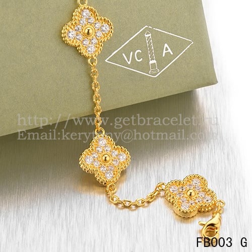 Van Cleef & Arpels Vintage Alhambra Bracelet 5 Motifs Yellow Gold With Round Diamonds
