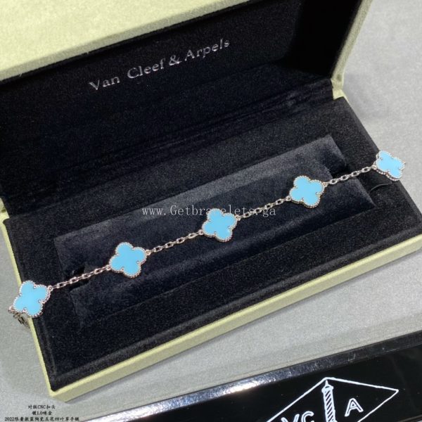 Van Cleef & Arpels Vintage Alhambra Bracelet 5 Motifs Turquoise and White Gold