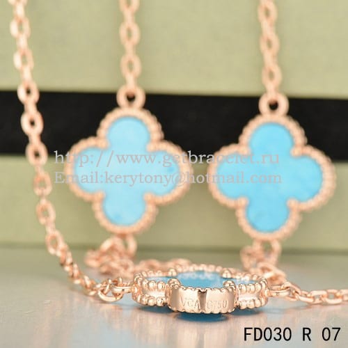 Van Cleef & Arpels Vintage Alhambra Necklace Pink Gold 10 Motifs With Turquoise Mother Of Pearl