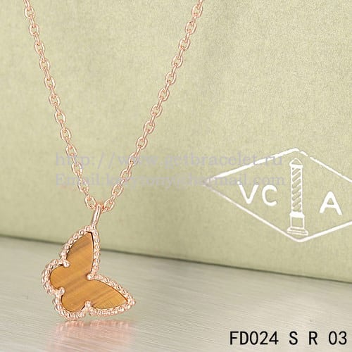 Van Cleef Arpels Lucky Alhambra Butterfly Necklace Pink Gold With Tiger’s Eye Mother Of Pearl