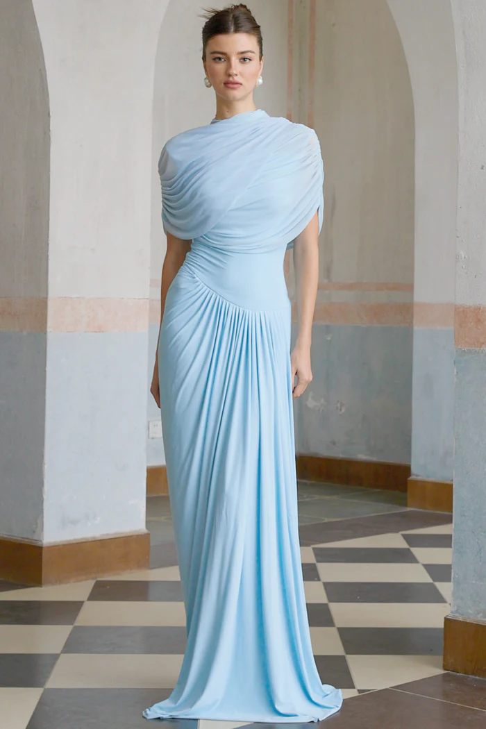 Catherine blue asymmetric pleated maxi dress