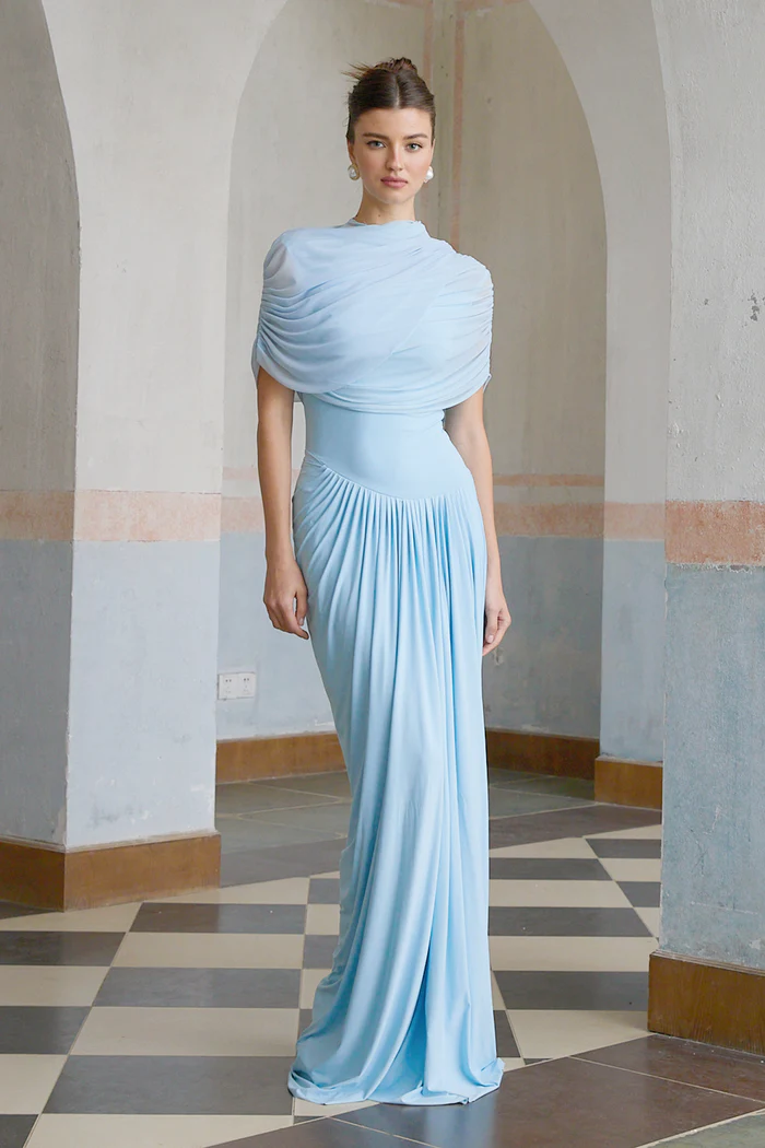 Catherine blue asymmetric pleated maxi dress