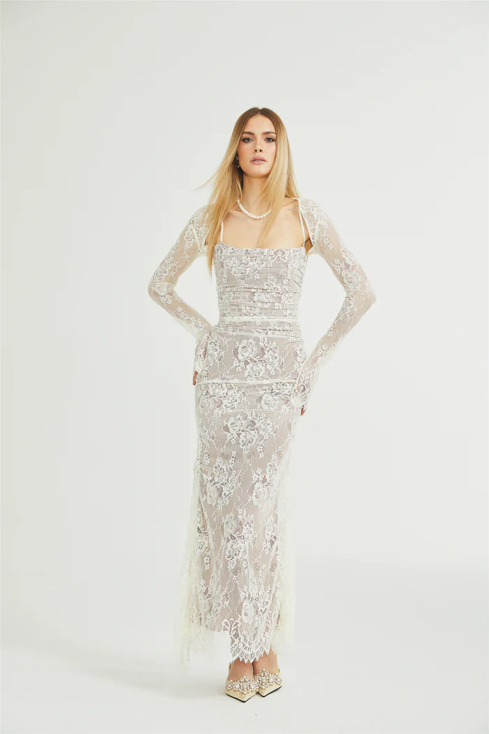 Valérie white floral lace mesh maxi dress