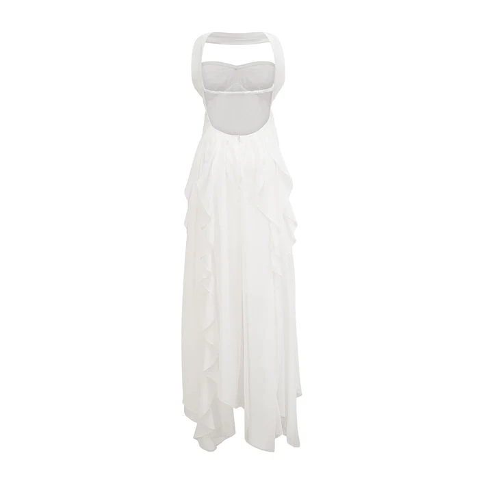 Mariah white chiffon ruffle halter neck maxi dress
