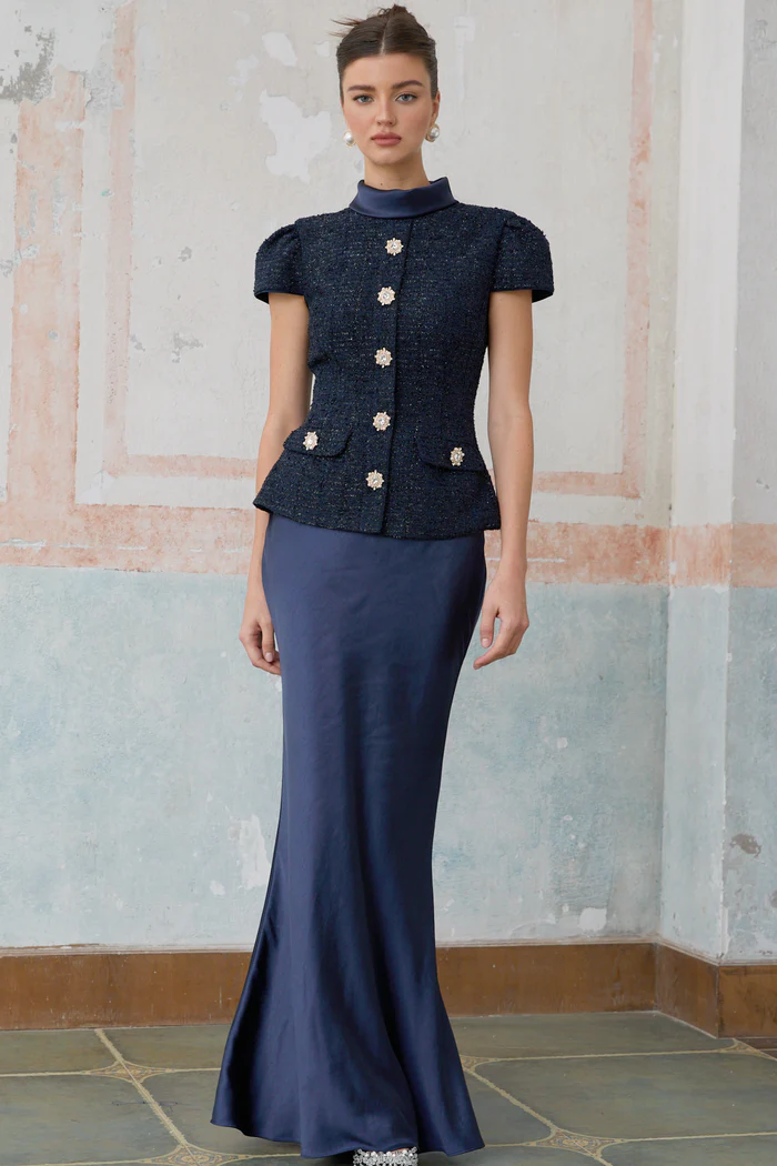 Josette blue peplum-waist panelled maxi dress