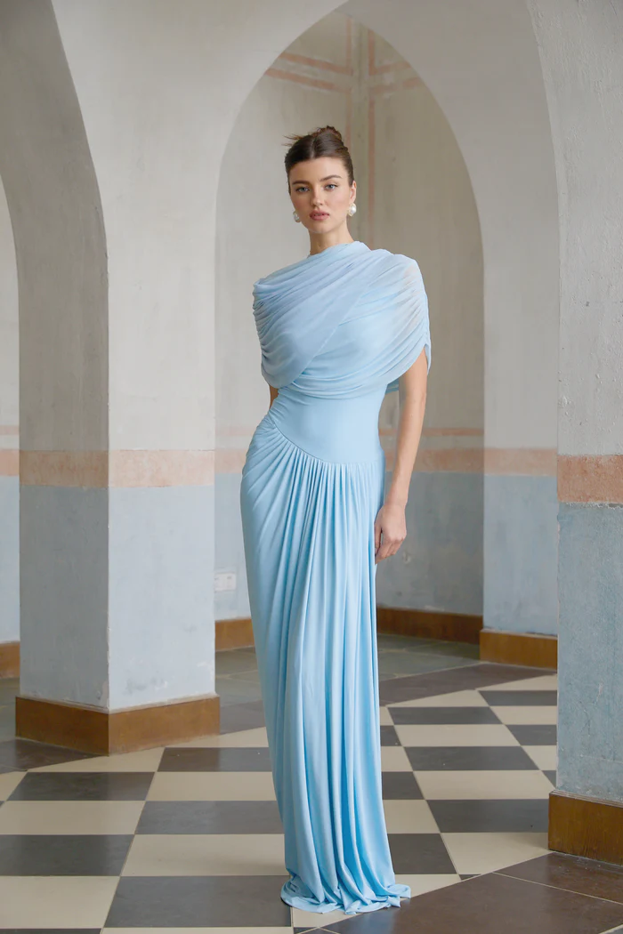 Catherine blue asymmetric pleated maxi dress