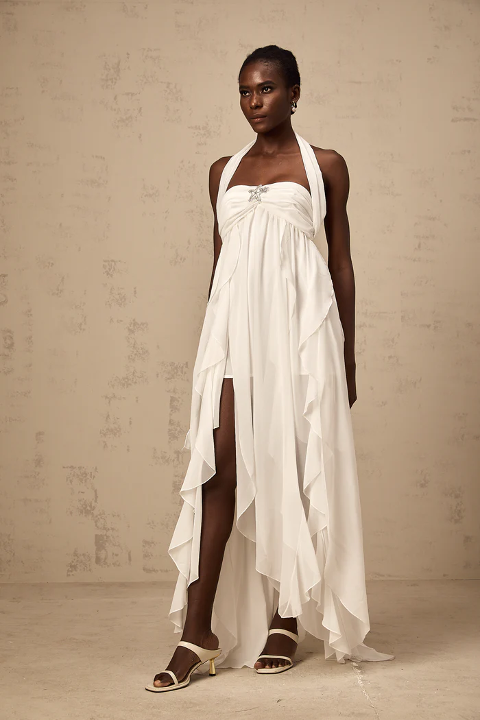 Mariah white chiffon ruffle halter neck maxi dress
