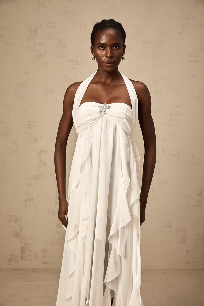 Mariah white chiffon ruffle halter neck maxi dress