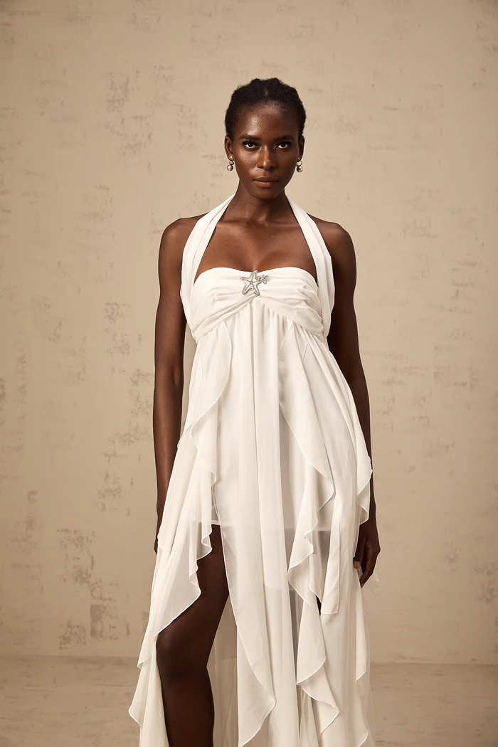 Mariah white chiffon ruffle halter neck maxi dress