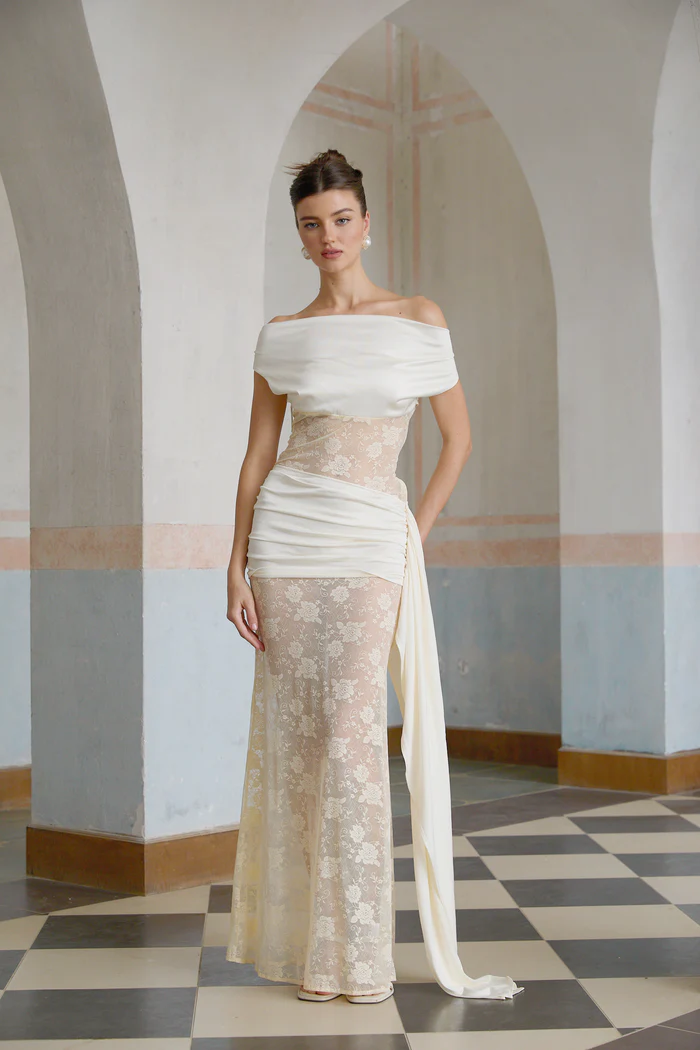 Lilou neutrals ribbon panelled floral-lace maxi dress