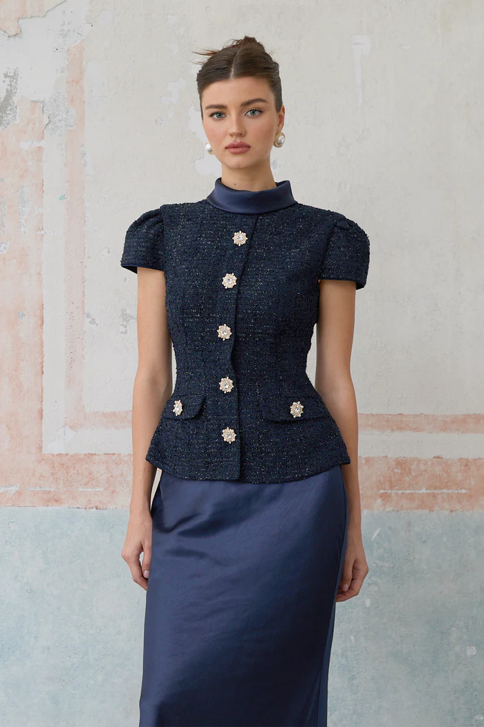 Josette blue peplum-waist panelled maxi dress