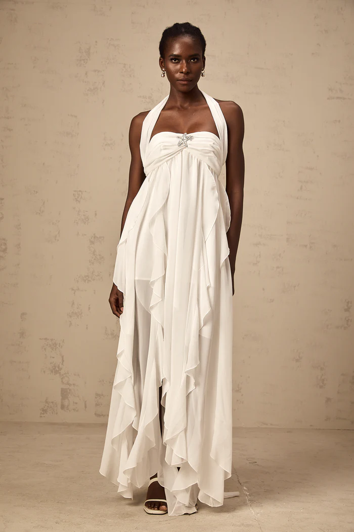 Mariah white chiffon ruffle halter neck maxi dress