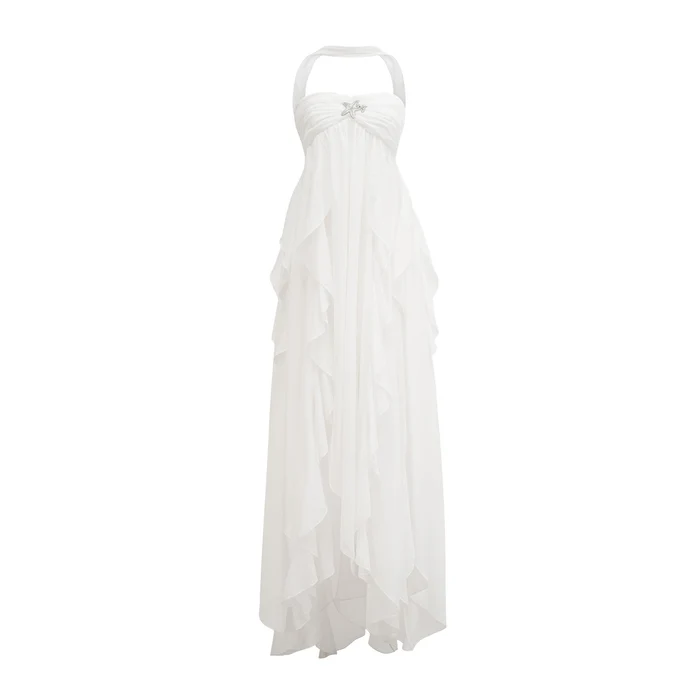 Mariah white chiffon ruffle halter neck maxi dress