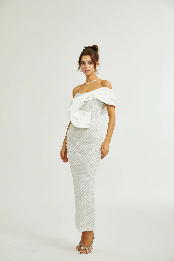 Maura faux-pearl off-shoulder dress