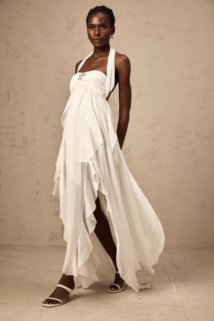 Mariah white chiffon ruffle halter neck maxi dress