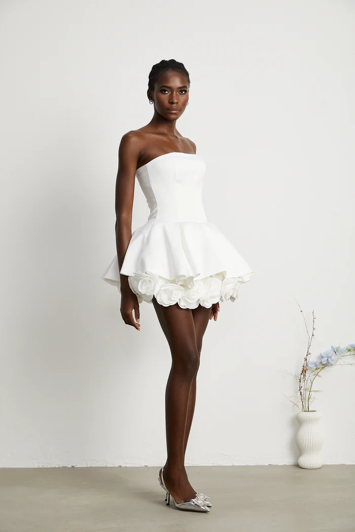 Lucie white petal-layered strapless corset mini dress