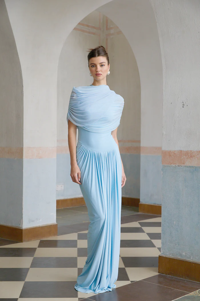 Catherine blue asymmetric pleated maxi dress