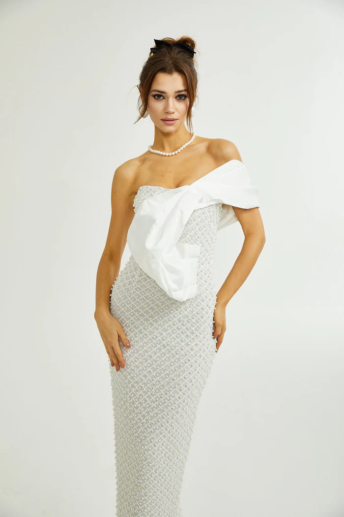 Maura faux-pearl off-shoulder dress
