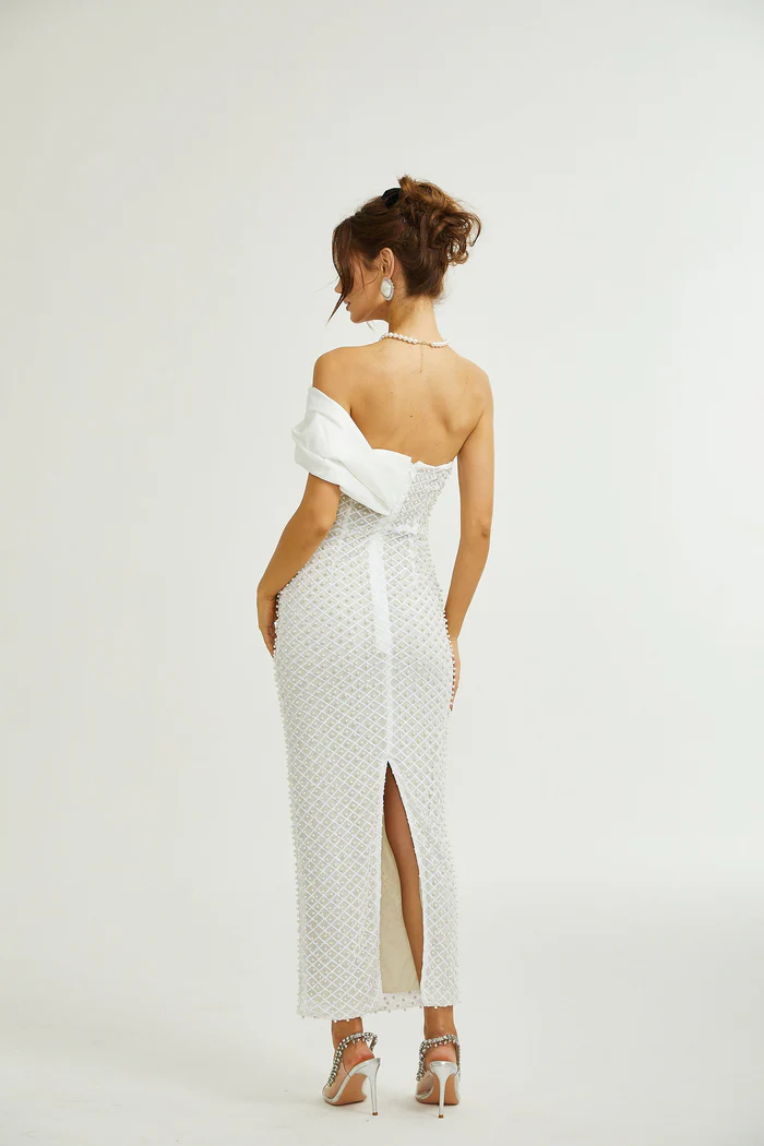 Maura faux-pearl off-shoulder dress