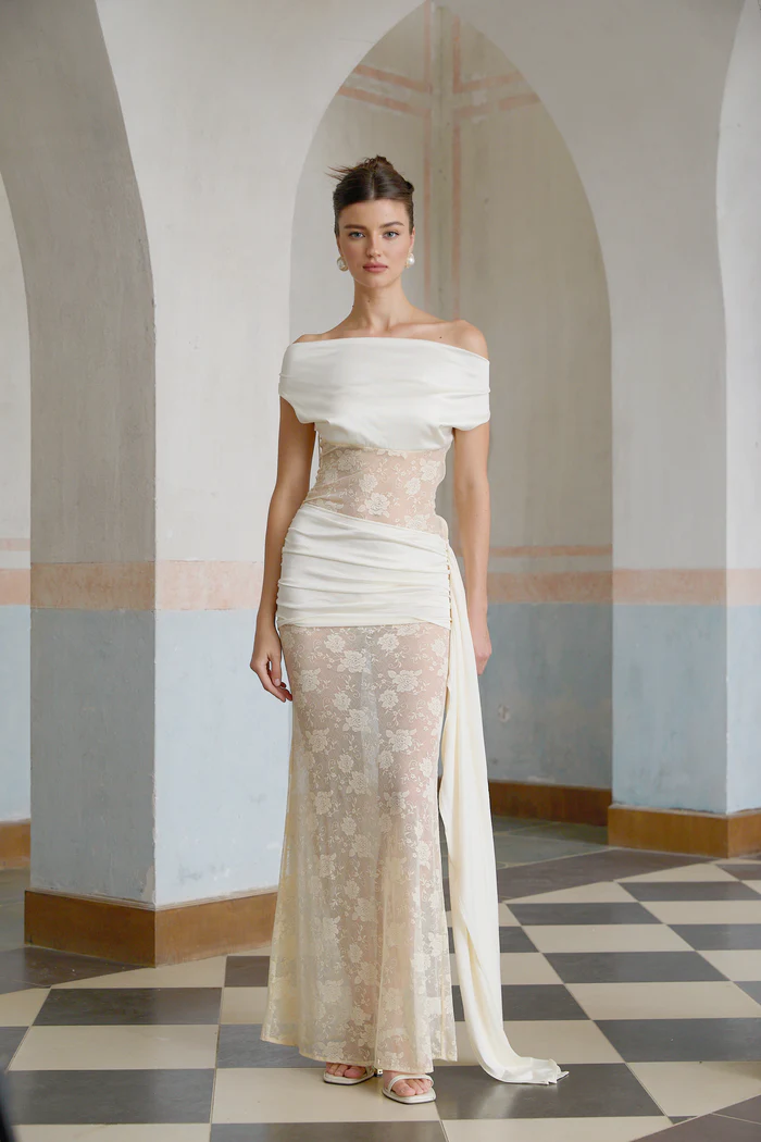 Lilou neutrals ribbon panelled floral-lace maxi dress