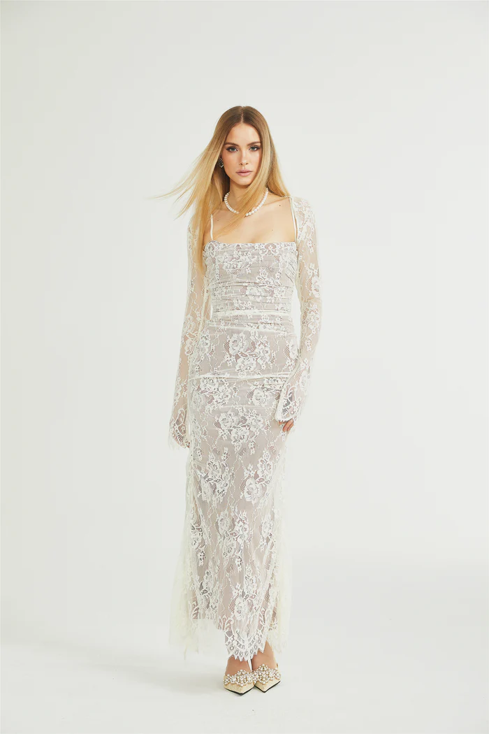 Valérie white floral lace mesh maxi dress