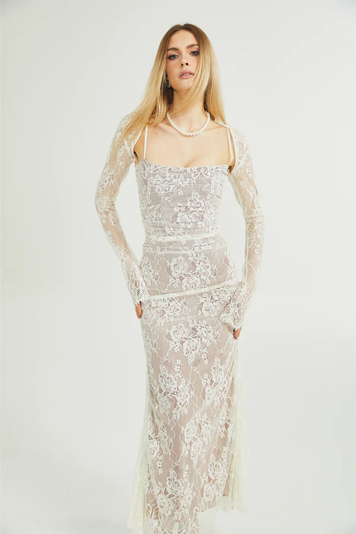 Valérie white floral lace mesh maxi dress