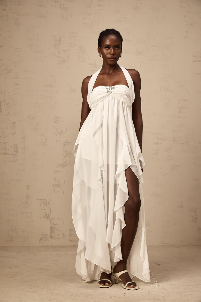 Mariah white chiffon ruffle halter neck maxi dress