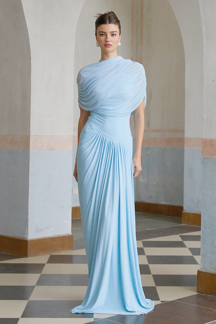 Catherine blue asymmetric pleated maxi dress