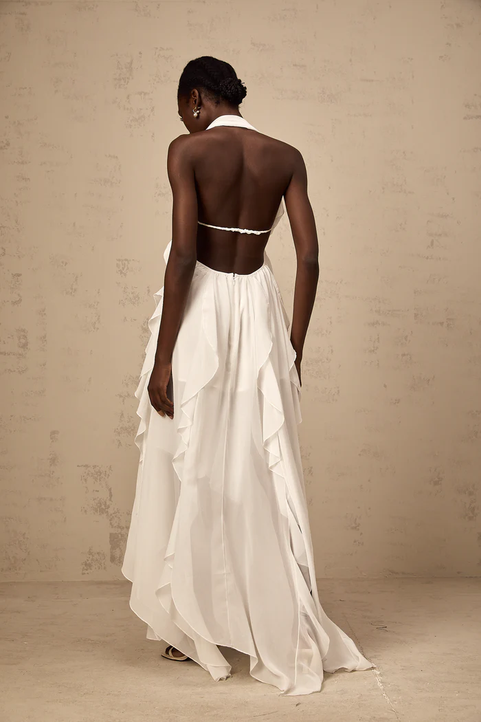 Mariah white chiffon ruffle halter neck maxi dress