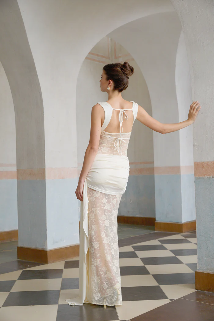 Lilou neutrals ribbon panelled floral-lace maxi dress