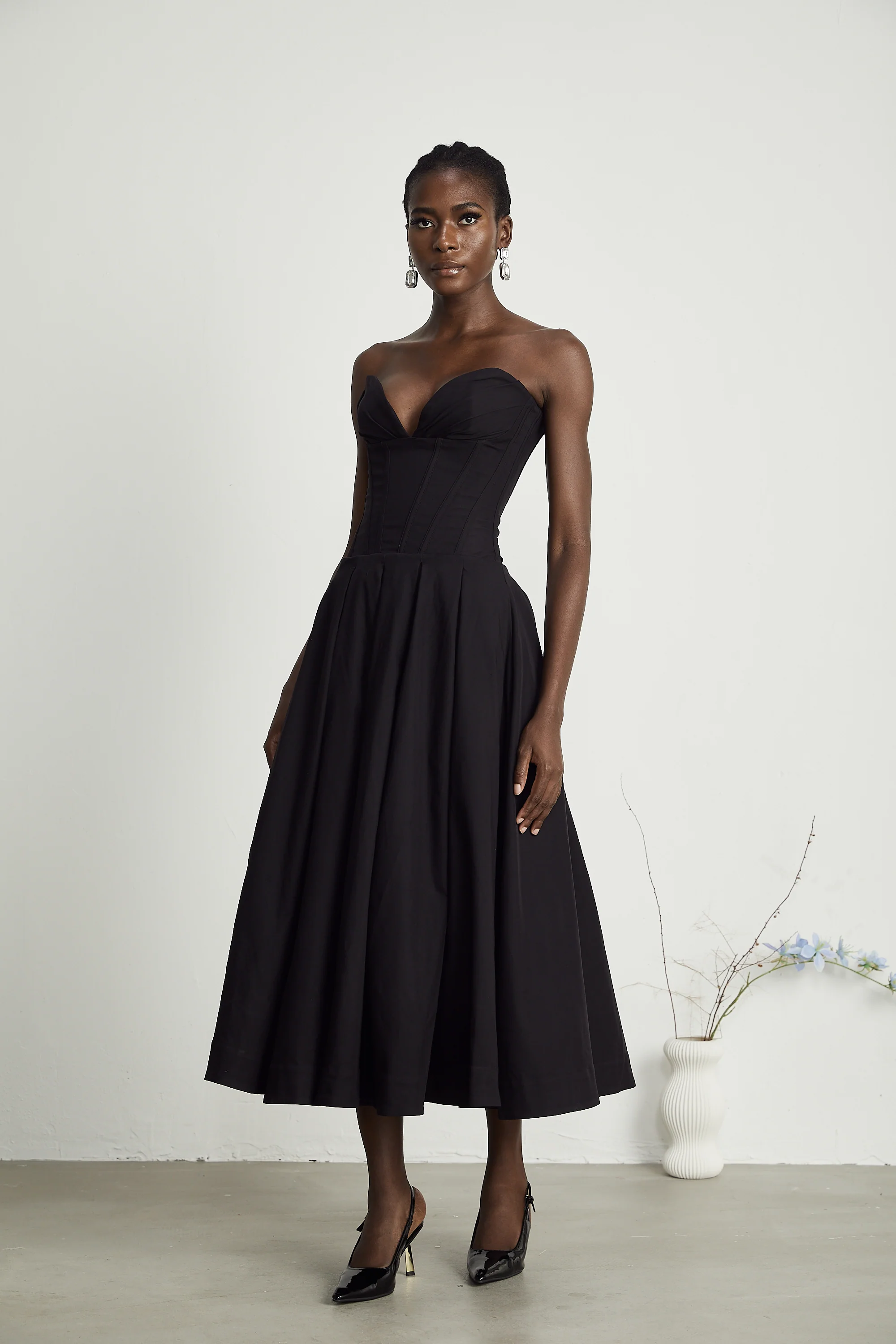 Katherine off-shoulder corset midi dress in Black
