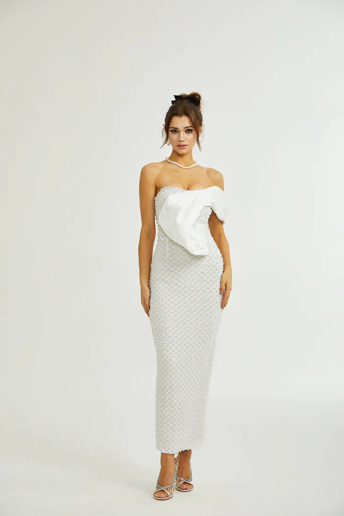 Maura faux-pearl off-shoulder dress