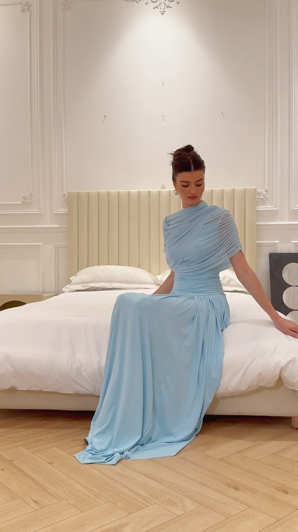 Catherine blue asymmetric pleated maxi dress