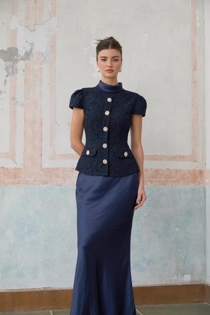 Josette blue peplum-waist panelled maxi dress