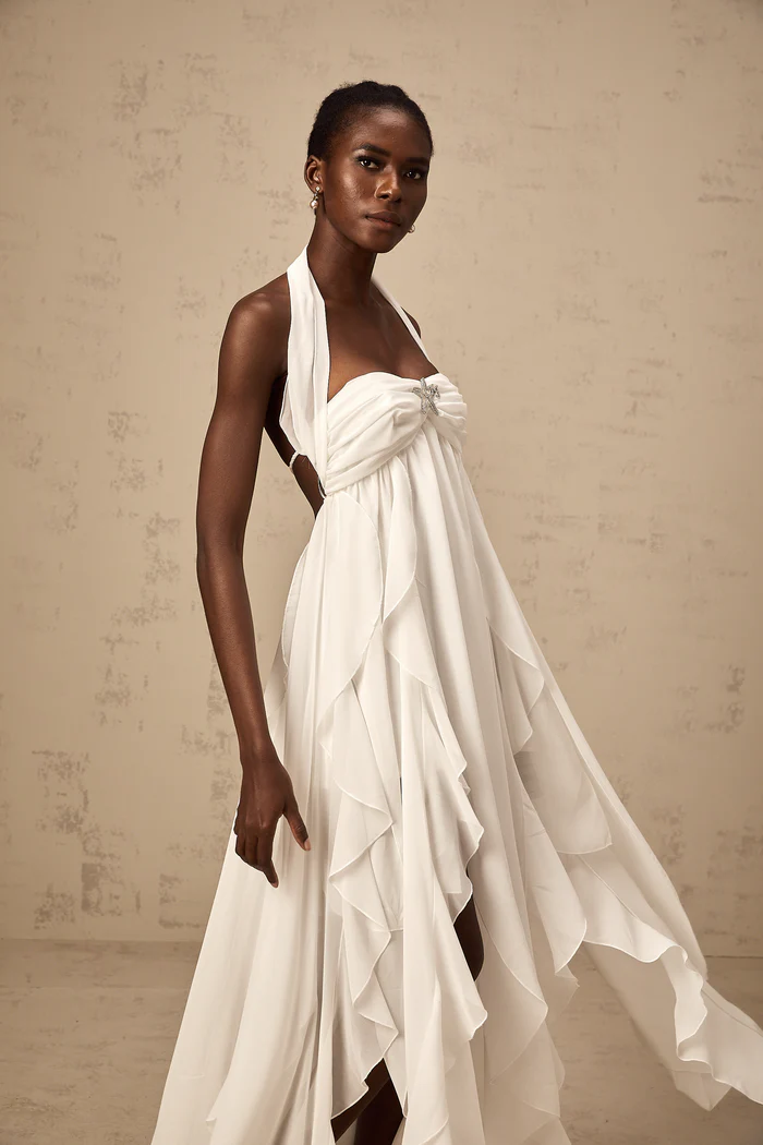Mariah white chiffon ruffle halter neck maxi dress