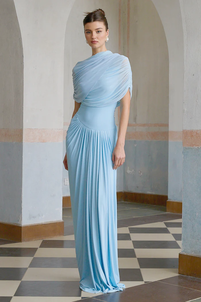 Catherine blue asymmetric pleated maxi dress