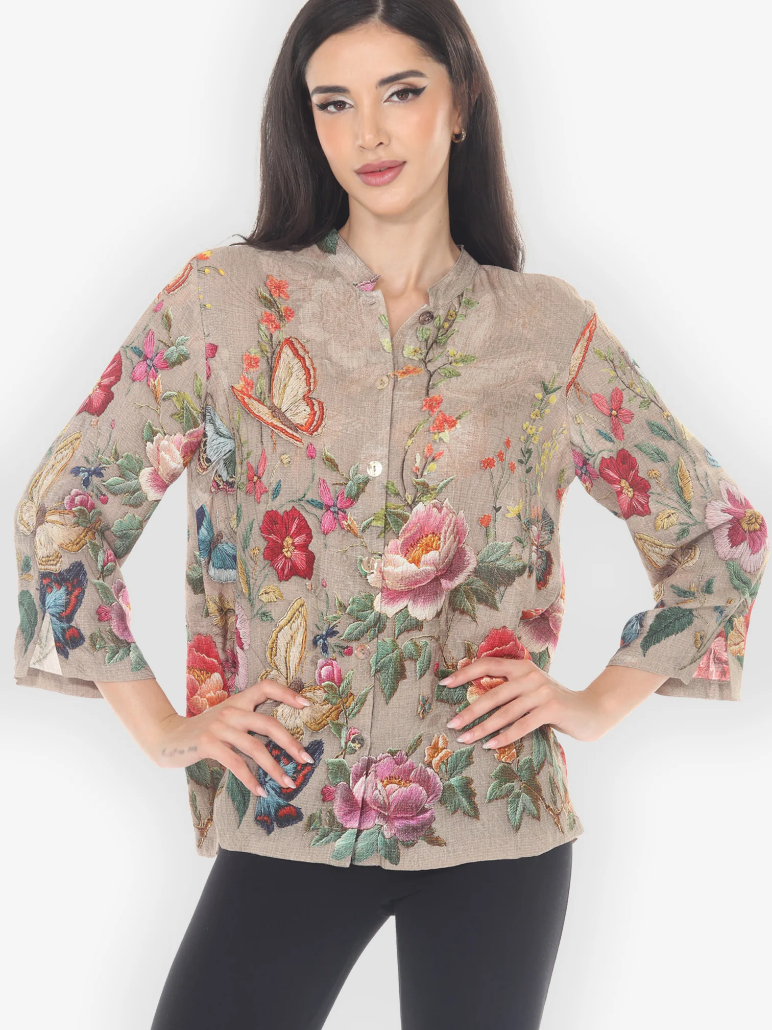 Embroidery Butterfly and Flower Citron Style Blouse