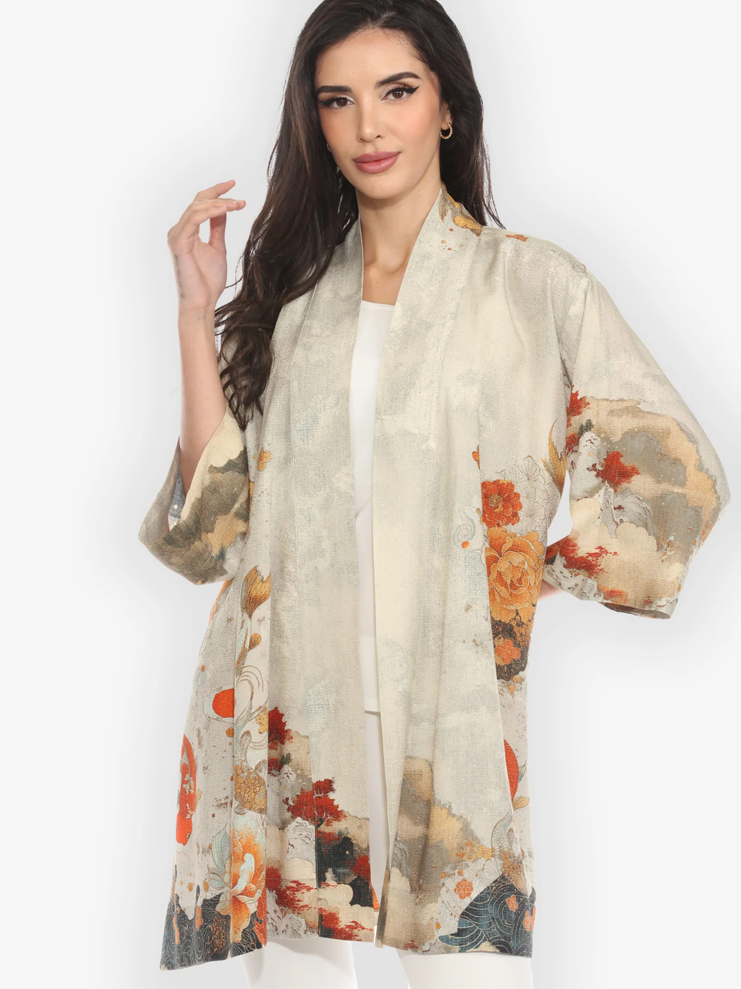 Noble Koi Fish in Cream Silk Kimono Jacket