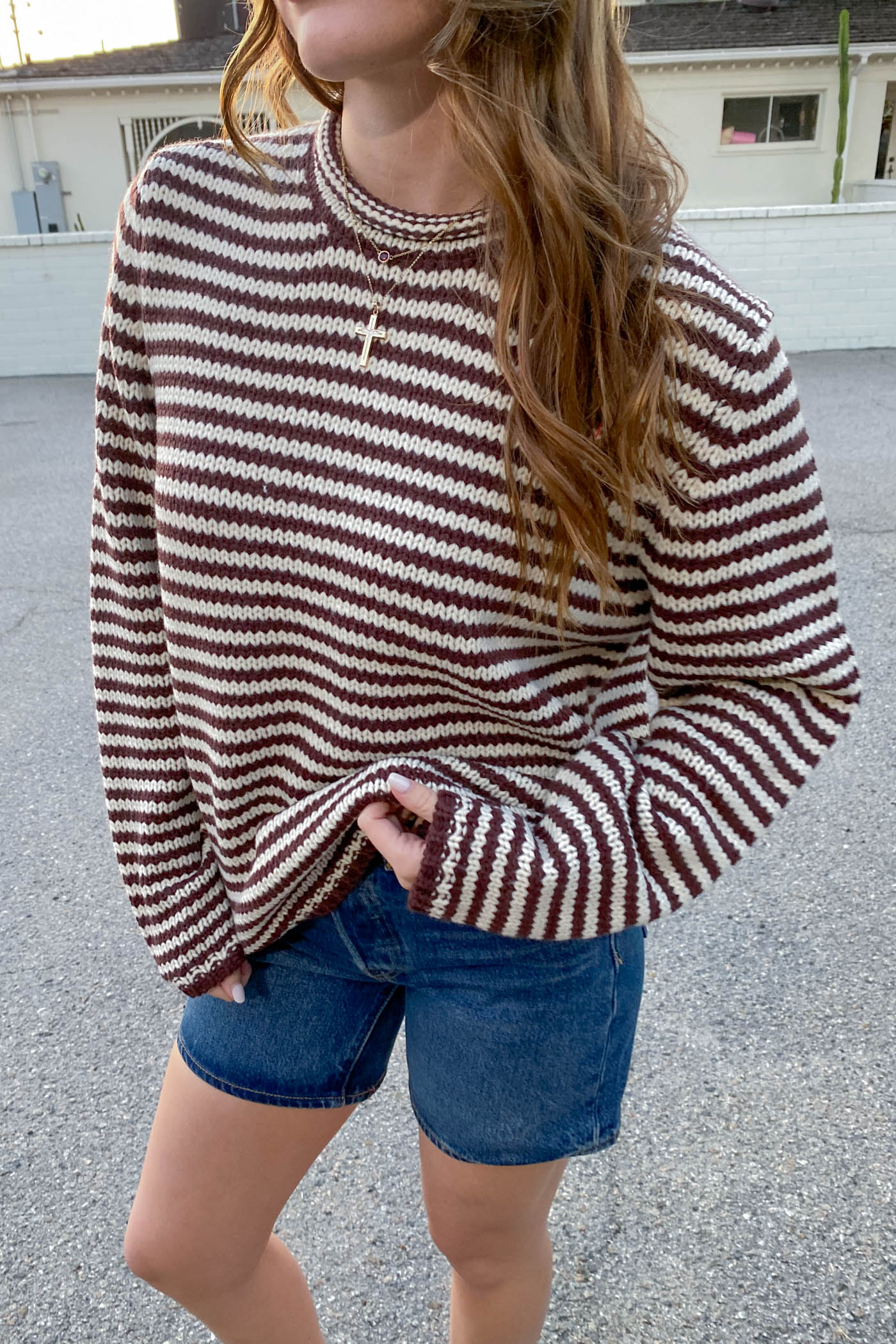 Oversized Crochet Striped Sweater